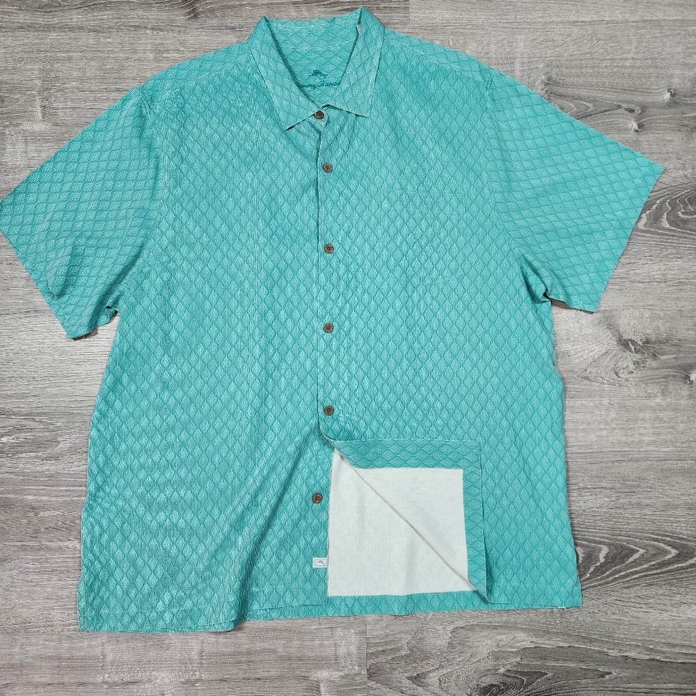 TOMMY BAHAMA 100% Silk Turquoise Green Button Down Short Sleeve Shirt XXL / TTG